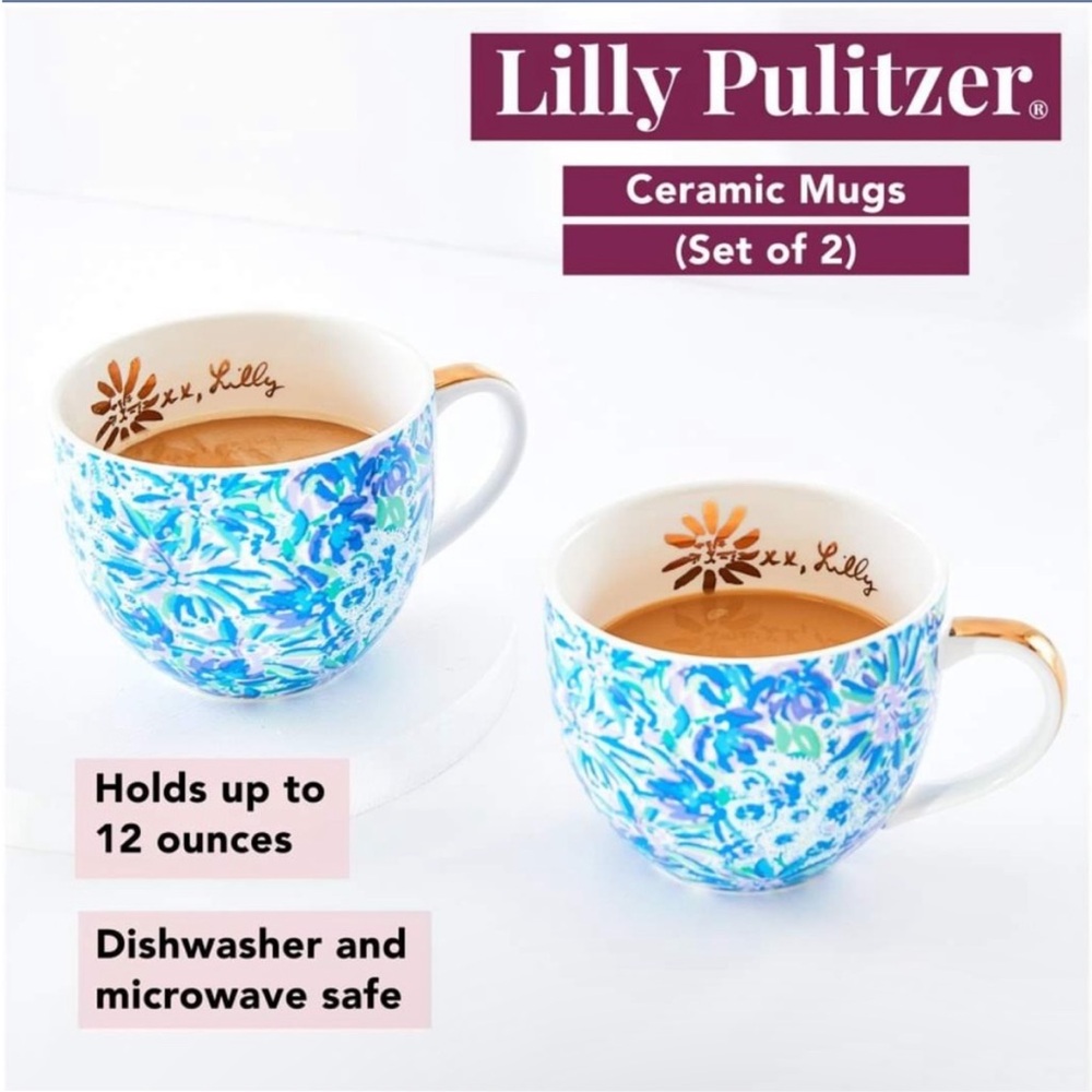 Set of 2 Lilly Pulitzer Mug Cup 12 Oz Floral Blue Gold Handle Hidden Lion - Picture 4 of 11